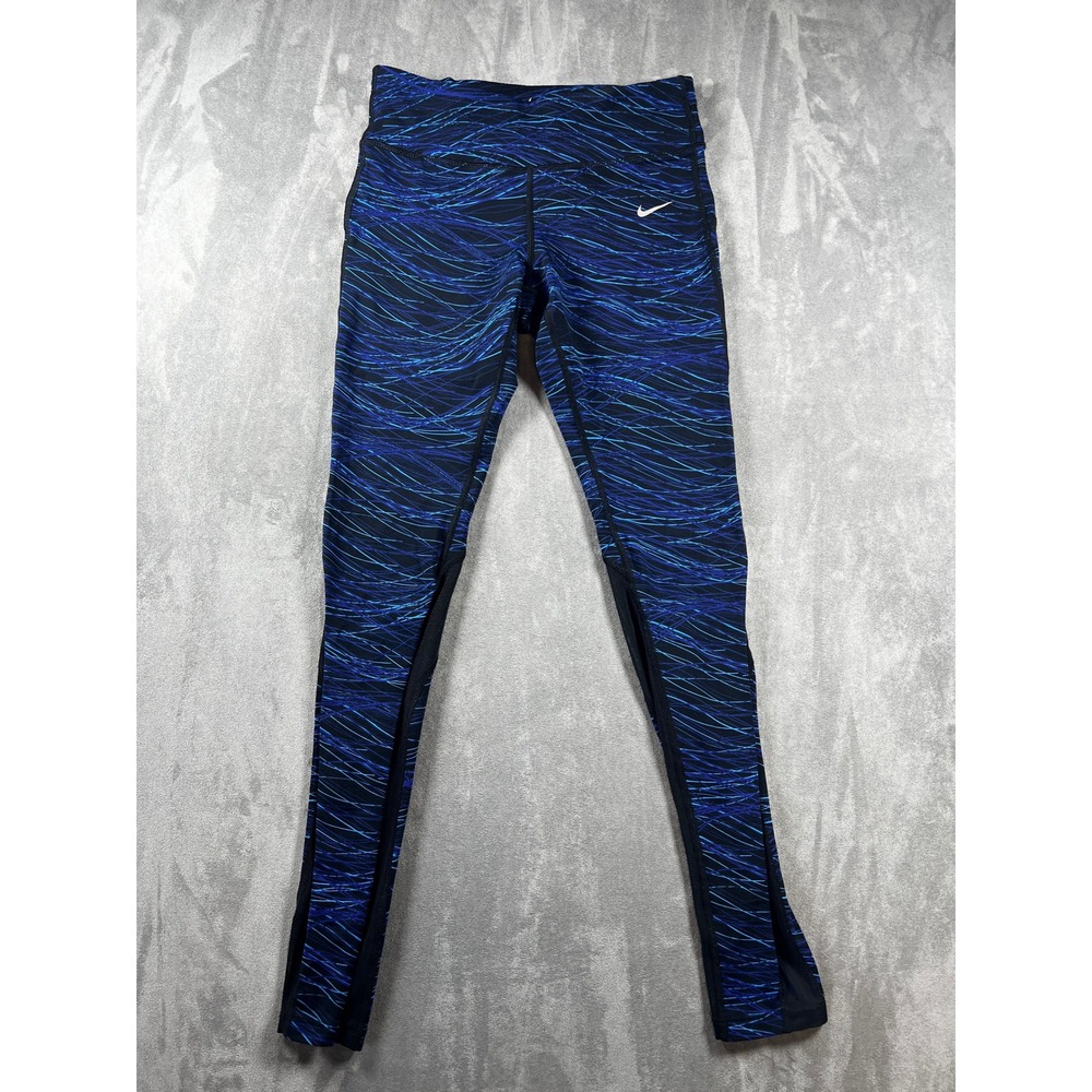 Nike Dri-FIT Running Leggings Womens Small Blue Black Abstract Wave Mesh Tights‎